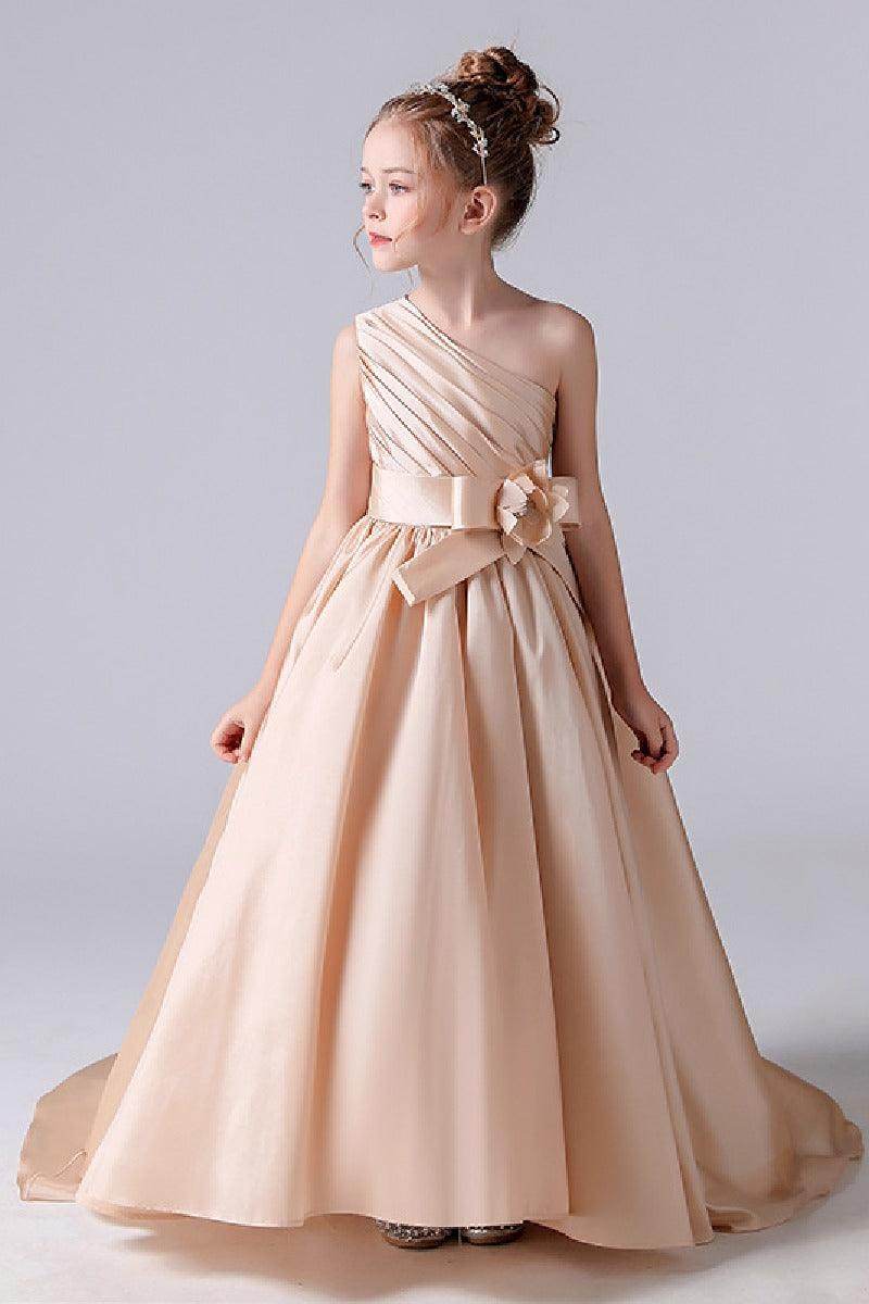 A-Line One Shoulder Neck Sleeveless Sweep-Brush Train Satin Flower Girl Dresses 676333790144 - COCOMELODY